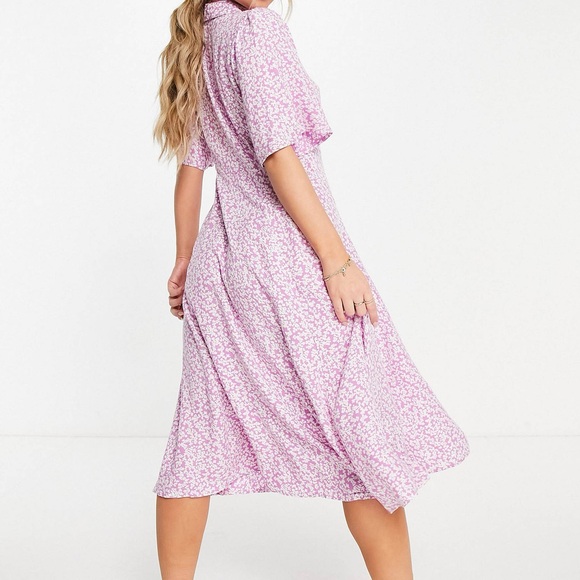 Yas Stelli Flutter-Sleeve Floral Midi Shirtdress Pink White Relaxed Circle S - Picture 4 of 13